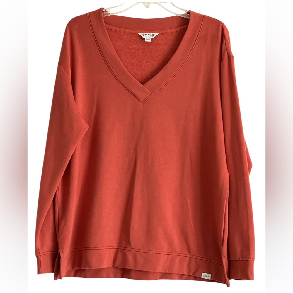 Orvis V-Neck Sweatshirt Relaxed Fit Shoulder Orange/Rust Ladies Size Large